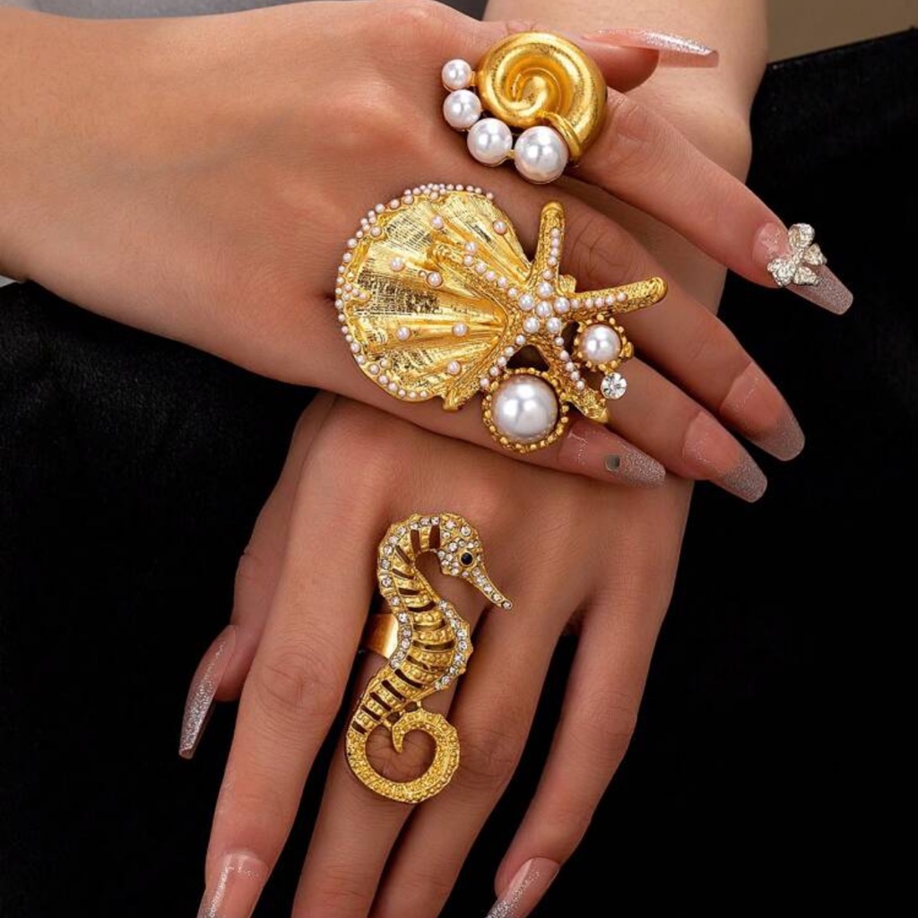 3 Pcs Summer Beach Style Rings Set Abs Pearl Decor Shell Starfish Sea Horse 28$